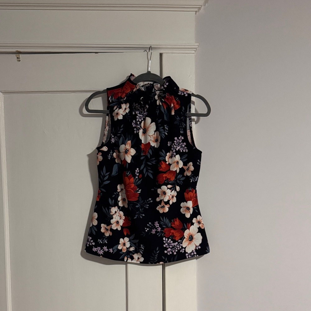Ann Taylor Floral High Ruffle Neck Sleeveless Blouse